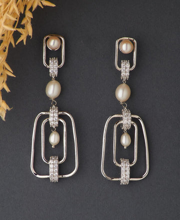 Dainty Stone Studded Rhodium Stylish Earring - Chandrani Pearls