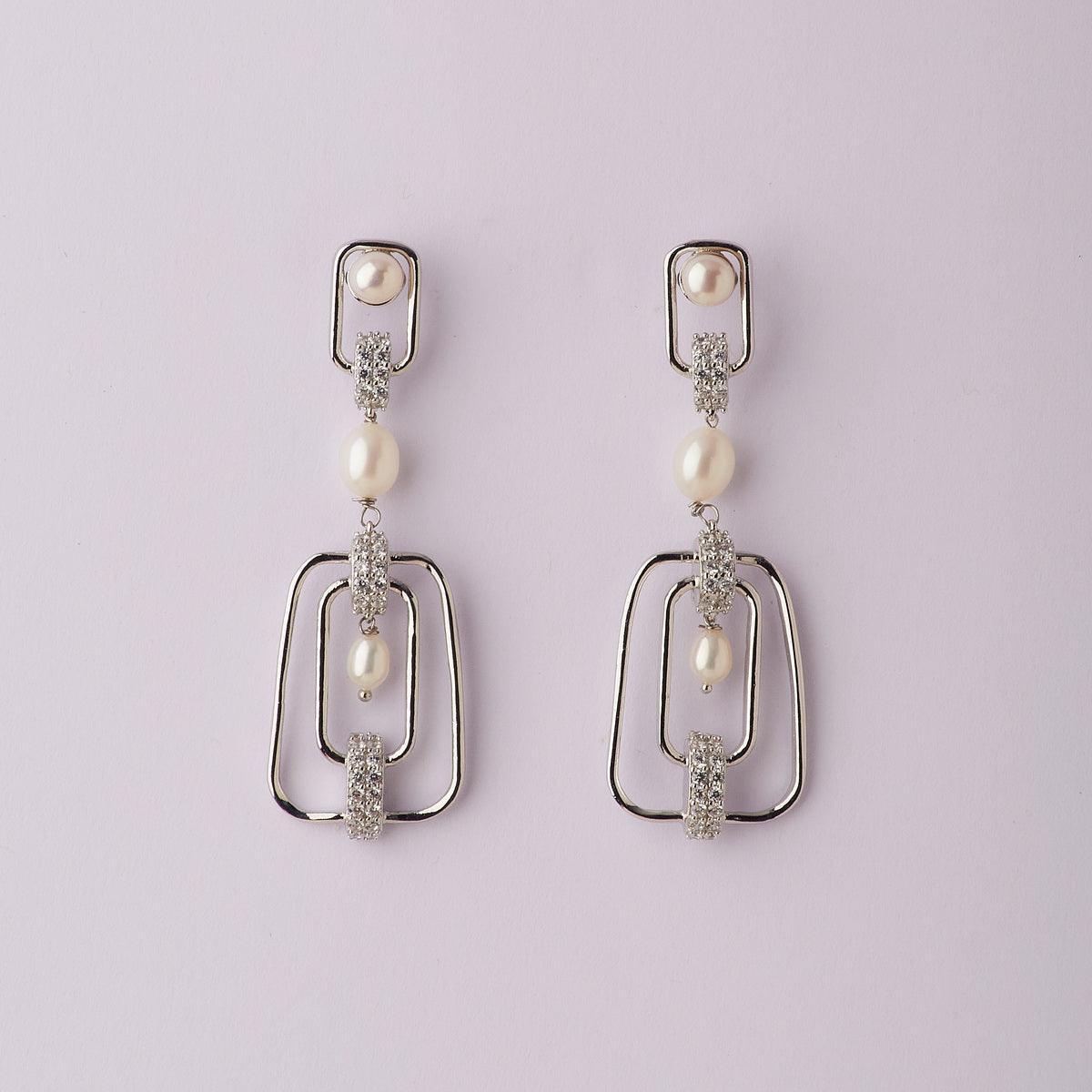 Dainty Stone Studded Rhodium Stylish Earring - Chandrani Pearls