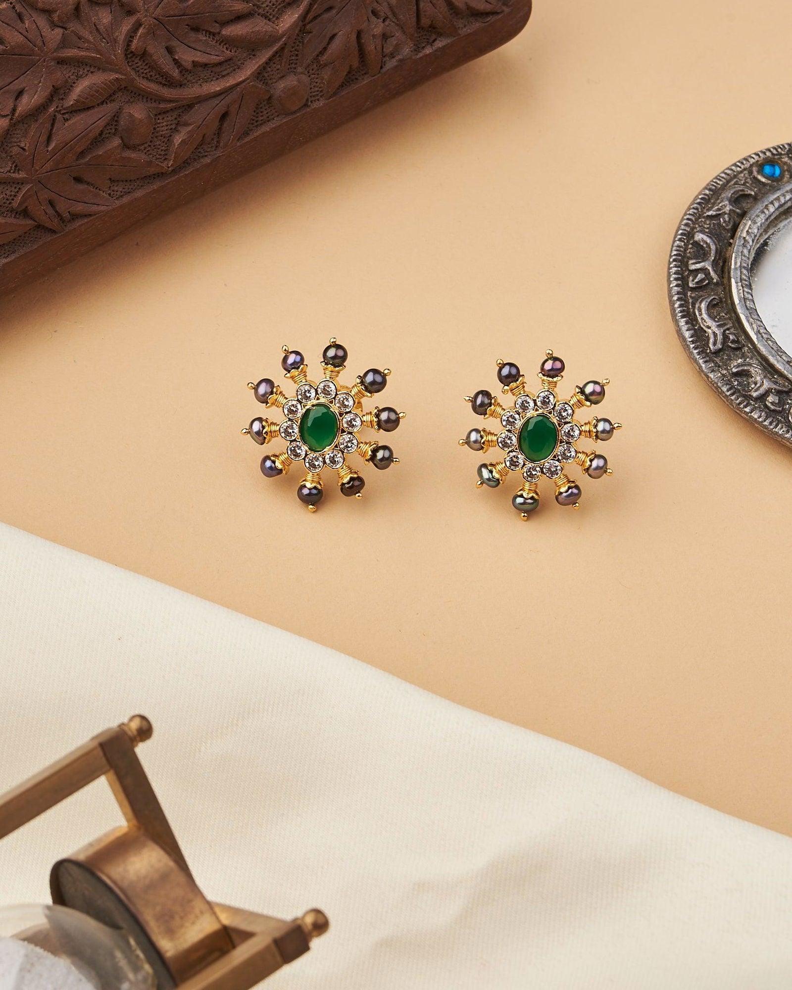 Deep Green Black Sun Spokes Ear Studs - Chandrani Pearls