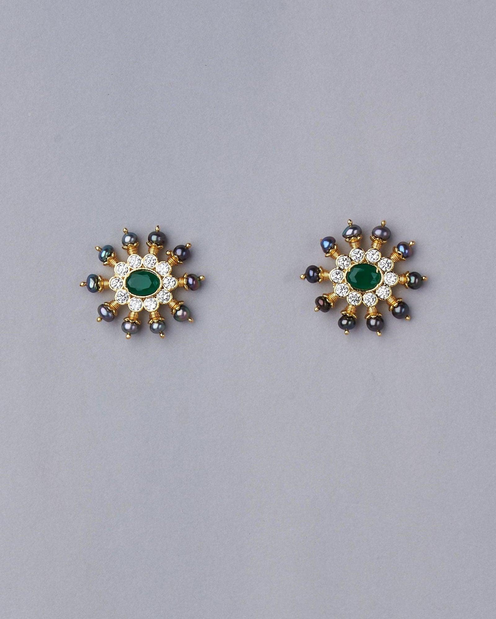 Deep Green Black Sun Spokes Ear Studs - Chandrani Pearls