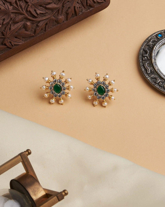 Deep Green White Sun Spokes Pearl Ear Studs - Chandrani Pearls