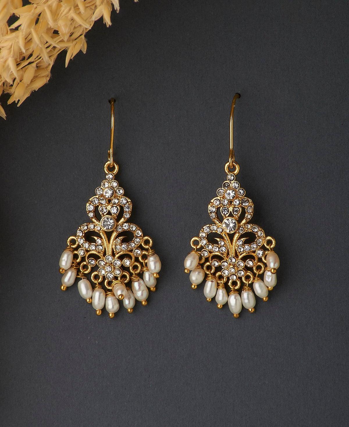 Delicate Gold Stone Studded Pearl Drop Earrings - Chandrani Pearls
