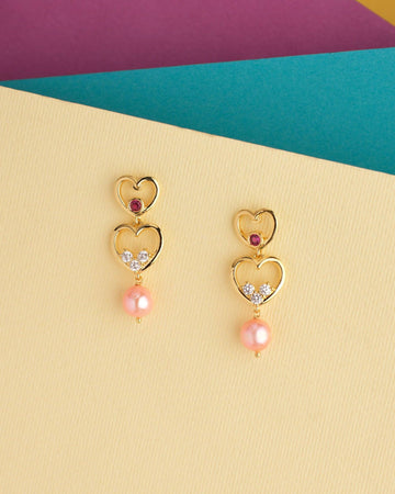 Dual Heart Pink Drop Earring - Chandrani Pearls