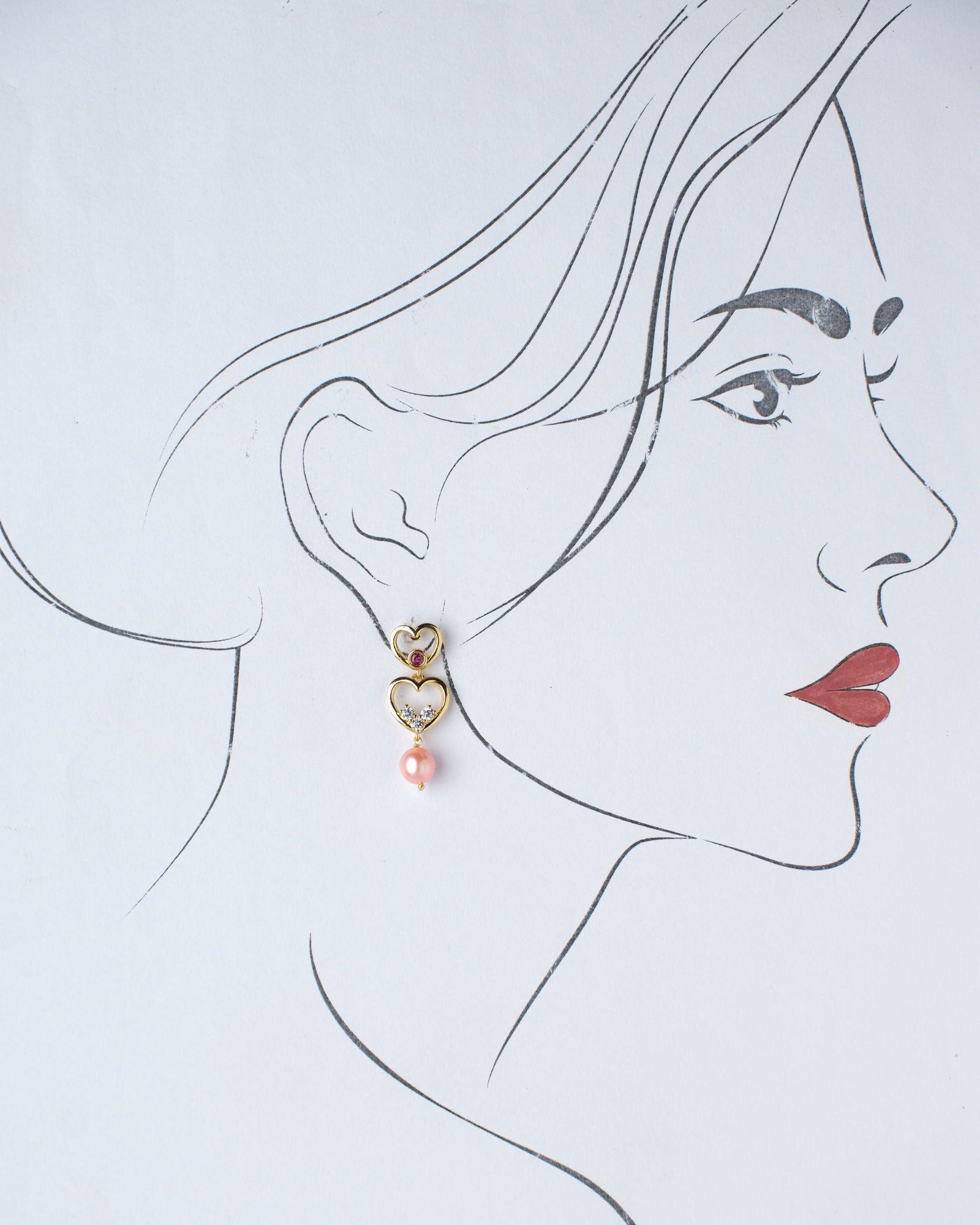 Dual Heart Pink Drop Earring - Chandrani Pearls