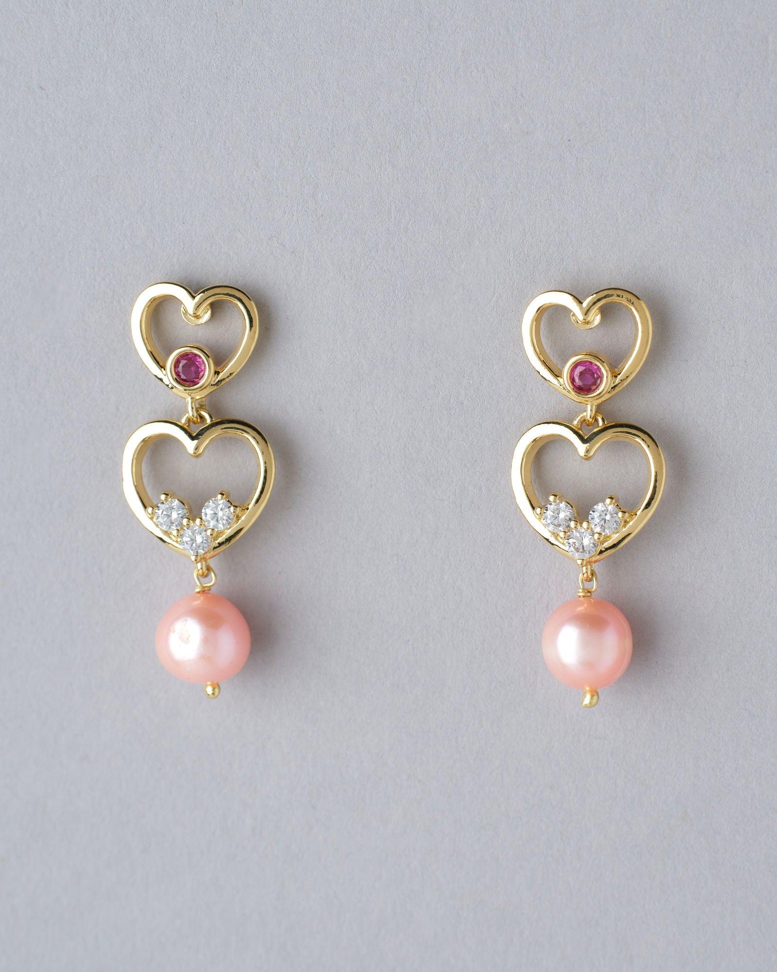 Dual Heart Pink Drop Earring - Chandrani Pearls