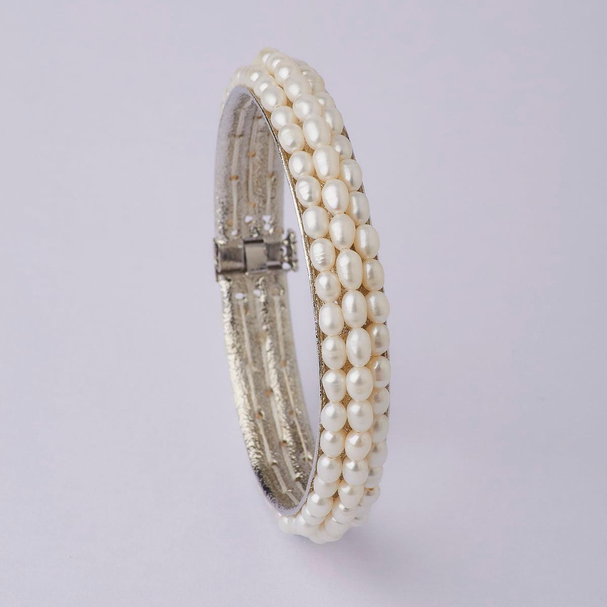 Elegant Rhodium White Pearl Bangle - Chandrani Pearls