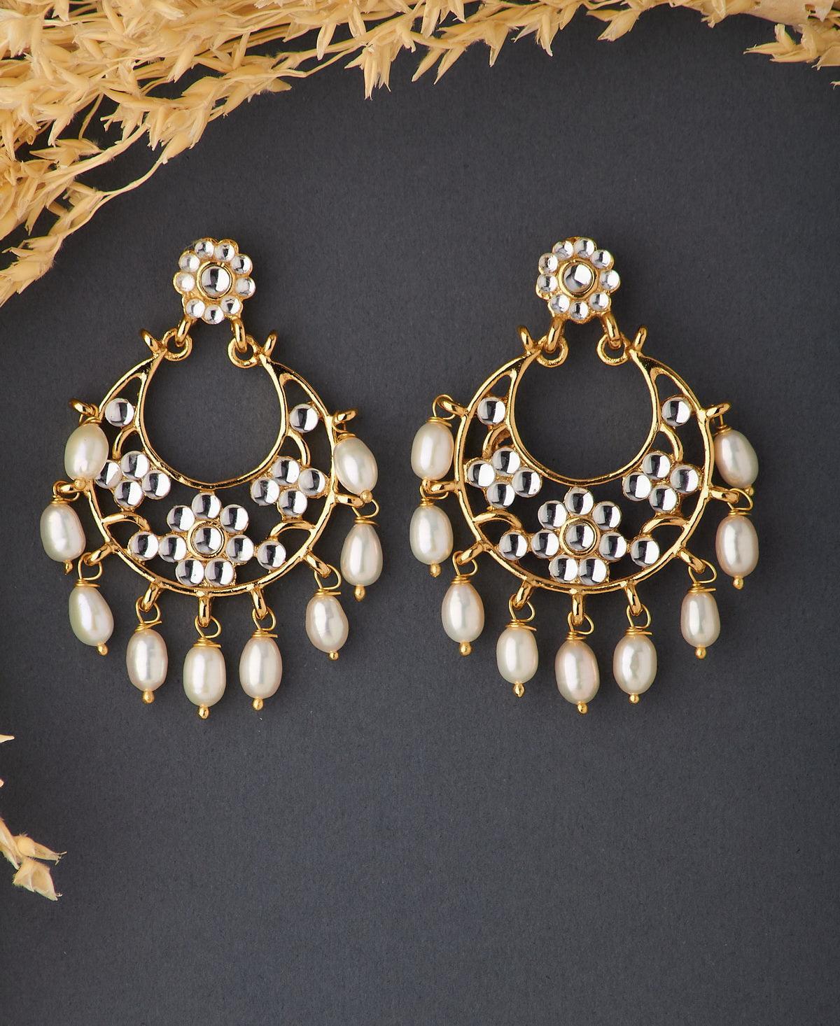 Ethnic Stone Studded Hanging Pearl Jhumka - Chandrani Pearls