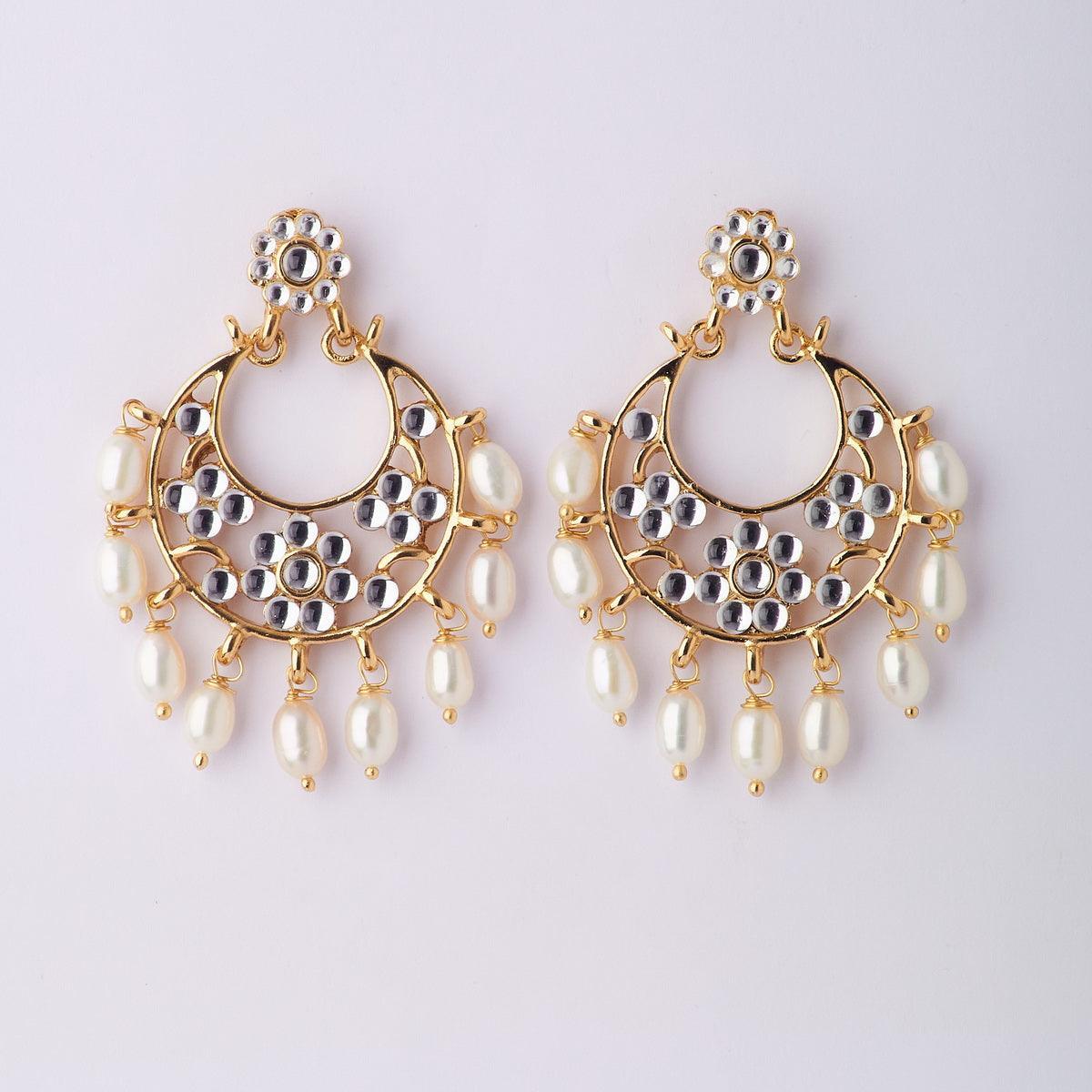 Ethnic Stone Studded Hanging Pearl Jhumka - Chandrani Pearls