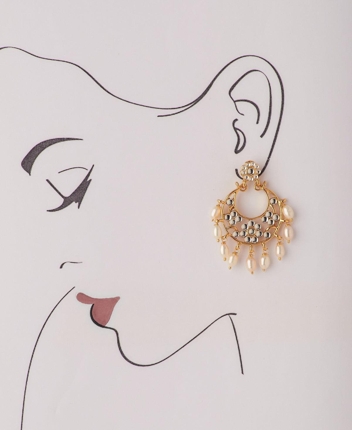 Ethnic Stone Studded Hanging Pearl Jhumka - Chandrani Pearls