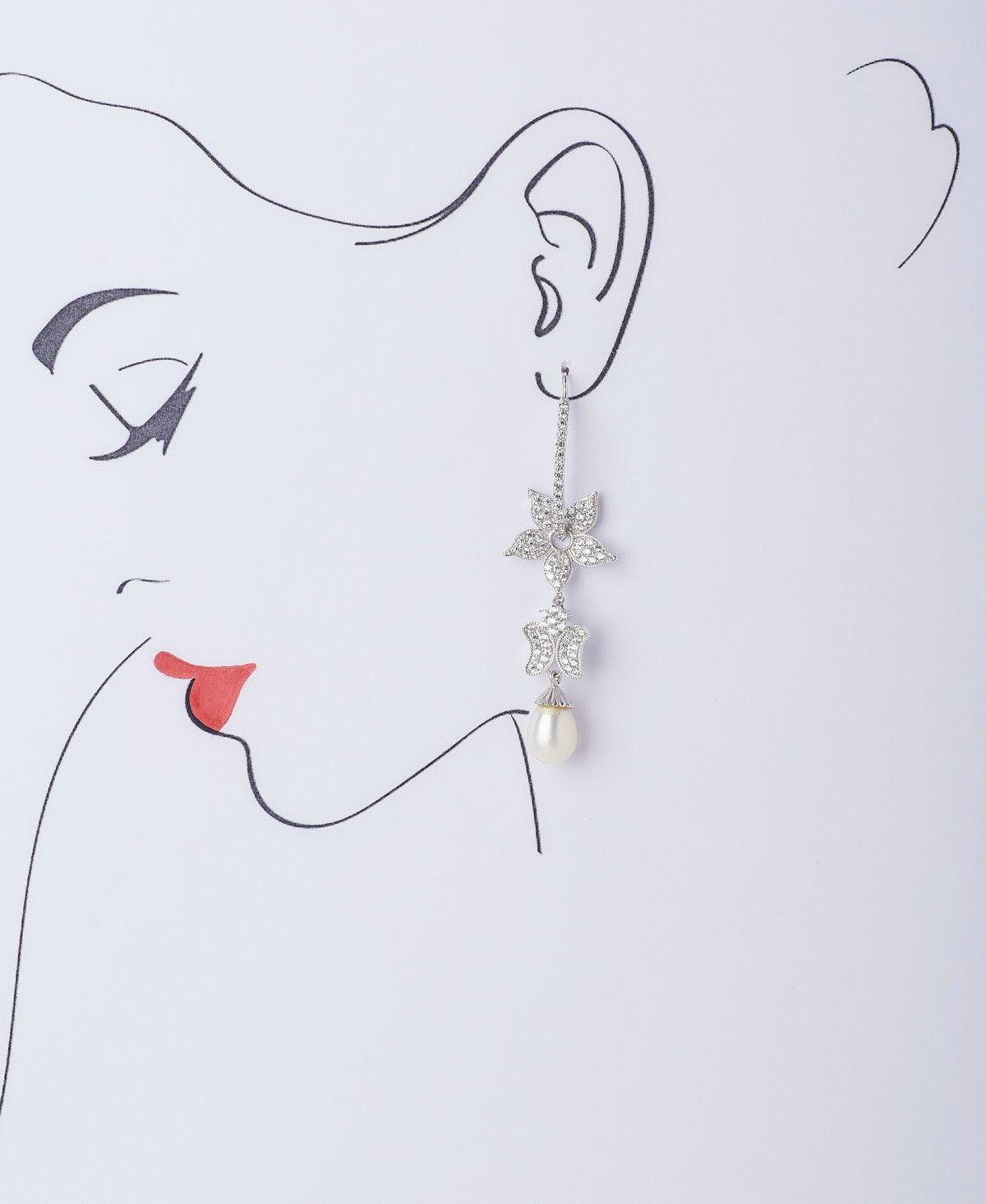 Floral Delicate Gold Stone Studded Silver Drop Earring - Chandrani Pearls