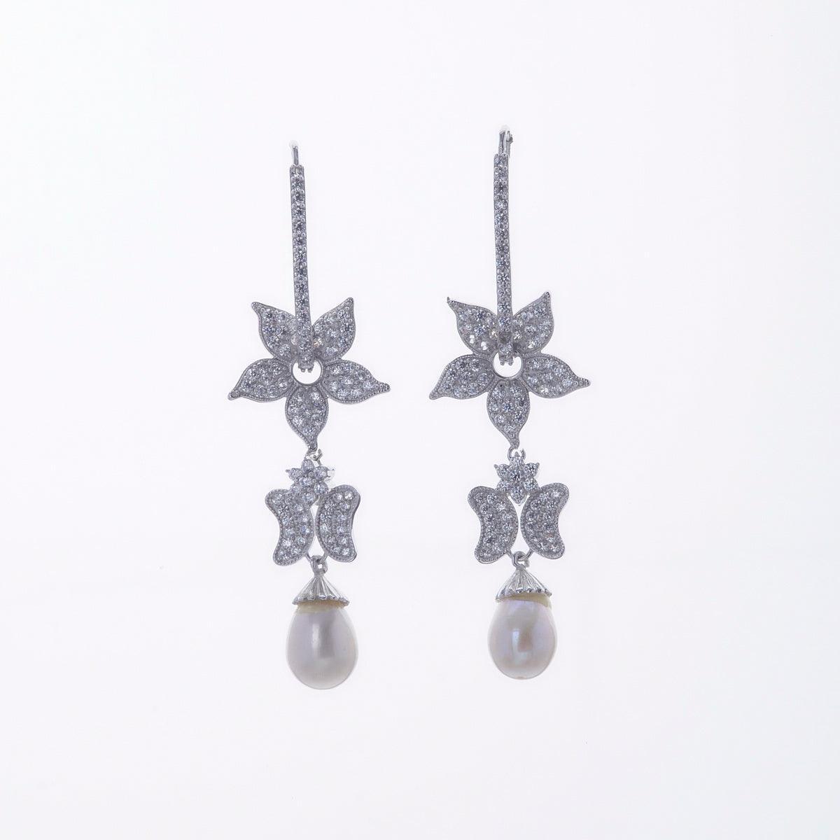 Floral Delicate Gold Stone Studded Silver Drop Earring - Chandrani Pearls