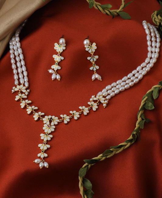 Floral Enamel Real Pearl Necklace Set - Chandrani Pearls