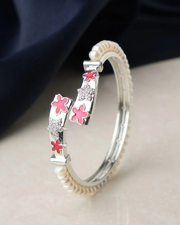 Floral Enamel Stone Studded Pearl Bangle - Chandrani Pearls
