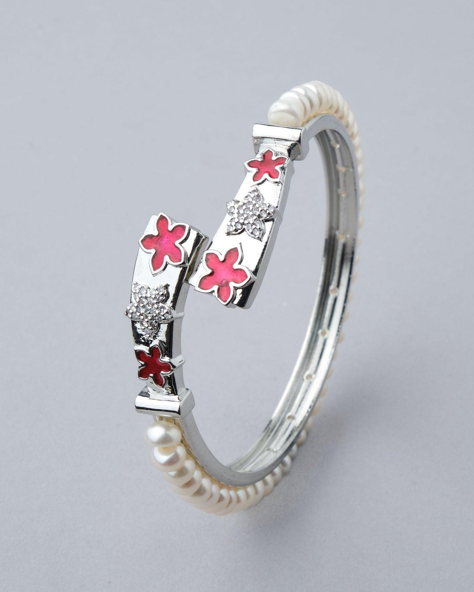 Floral Enamel Stone Studded Pearl Bangle - Chandrani Pearls