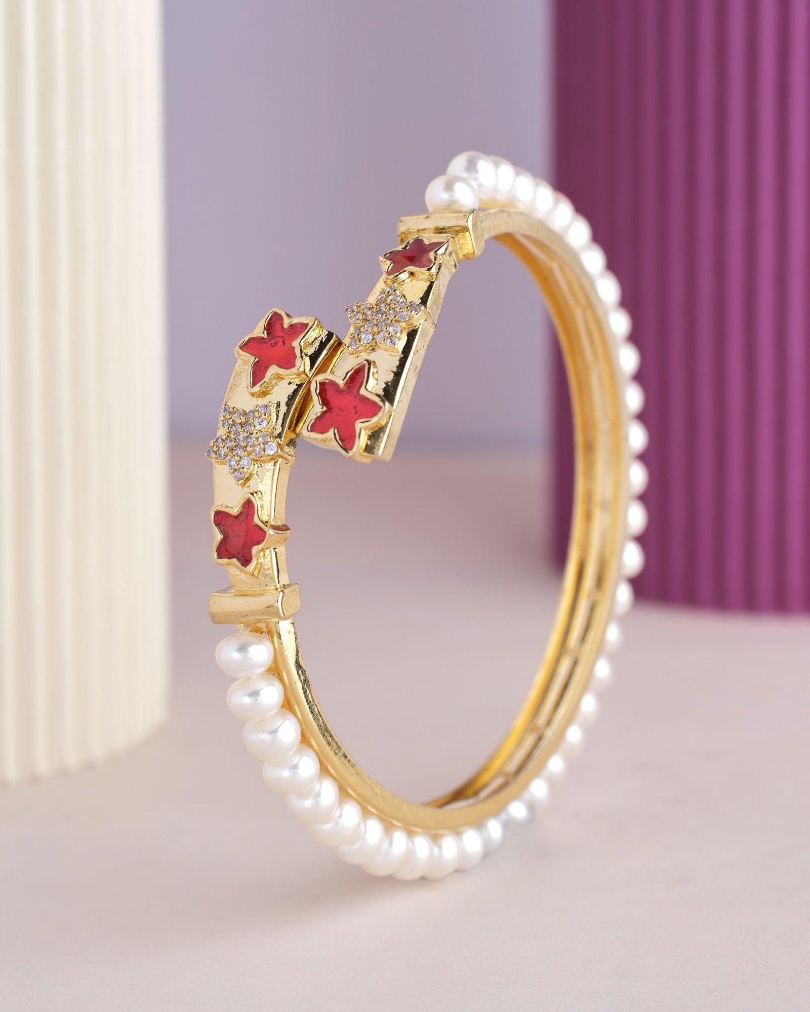 Floral Enamel White Pearl Bangle - Chandrani Pearls