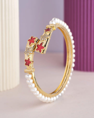 Floral Enamel White Pearl Bangle - Chandrani Pearls