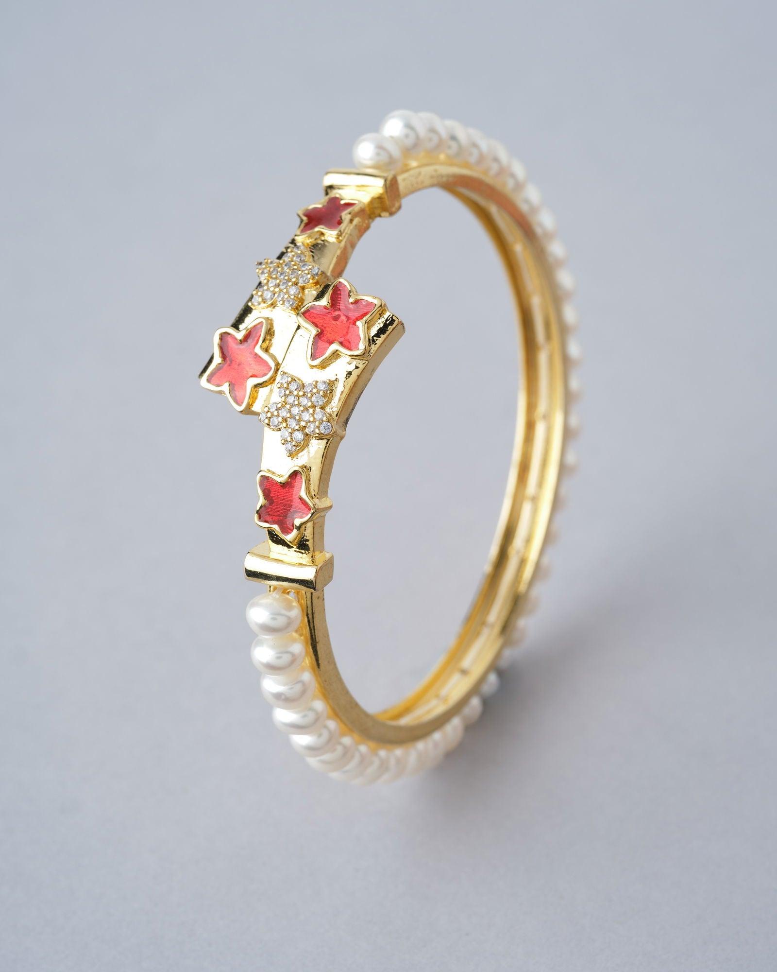 Floral Enamel White Pearl Bangle - Chandrani Pearls