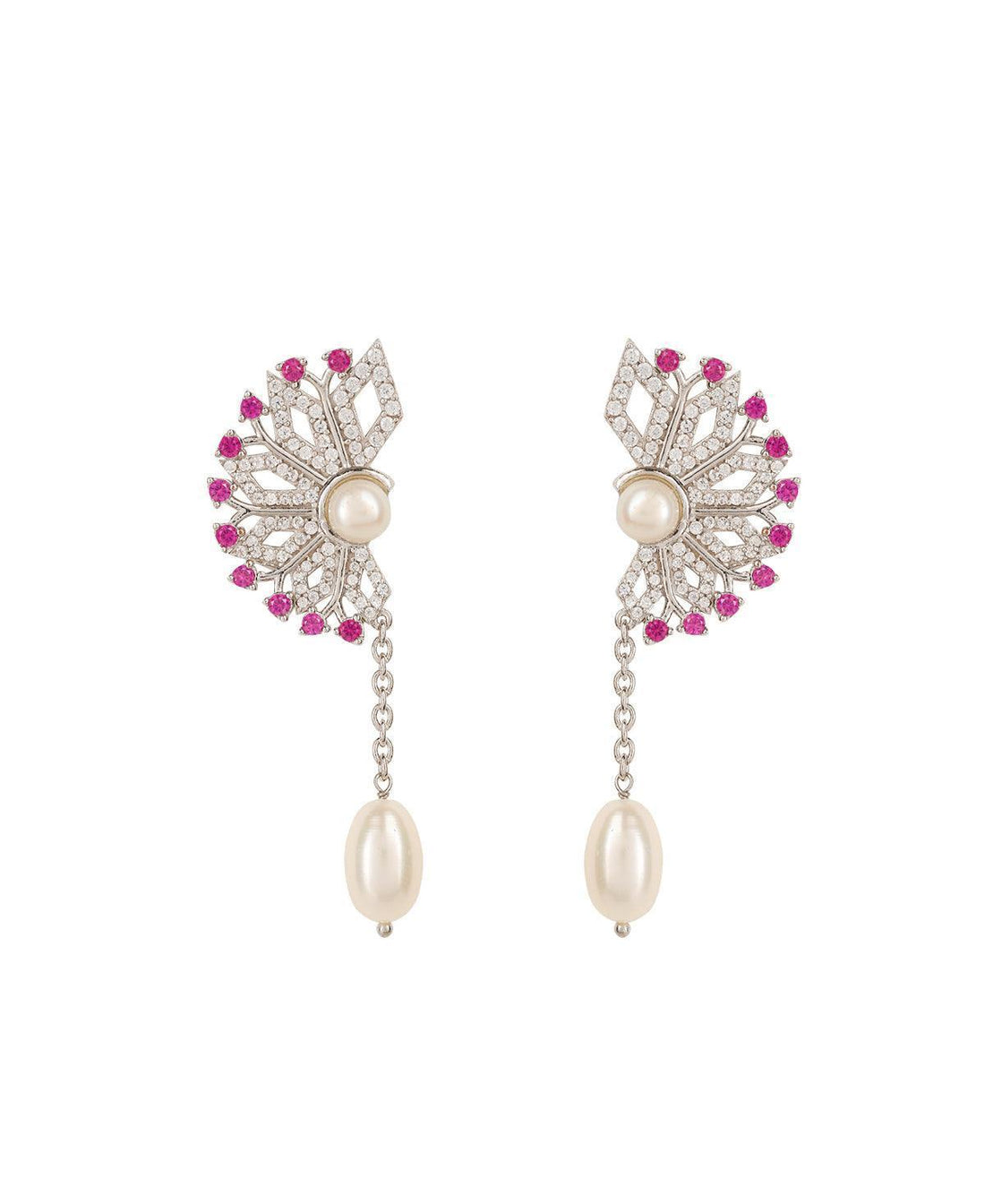 Floral Half Stone Studded Pearl Hanging Earrings - Chandrani Pearls