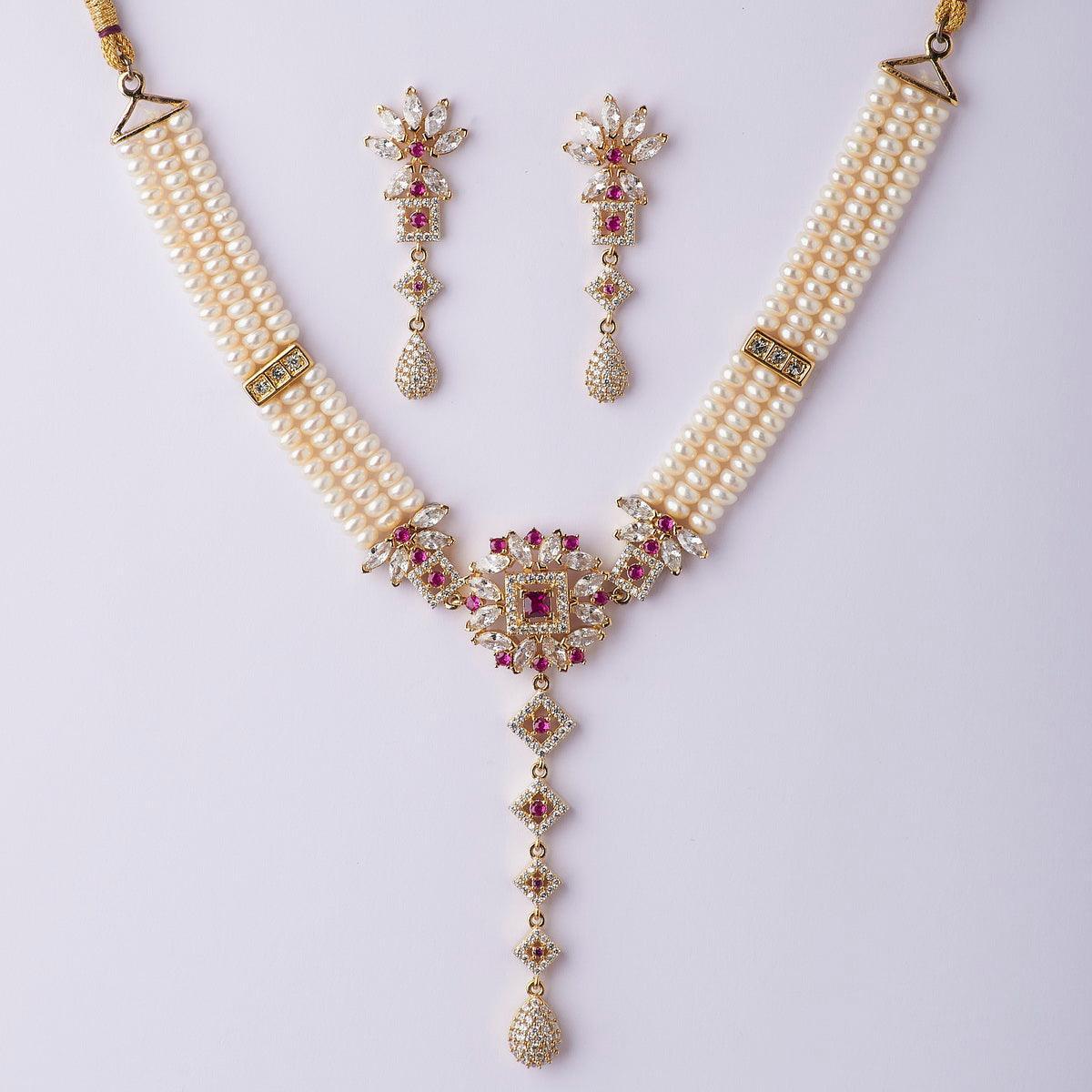 Floral Real Pearl Choker Necklace Set - Chandrani Pearls