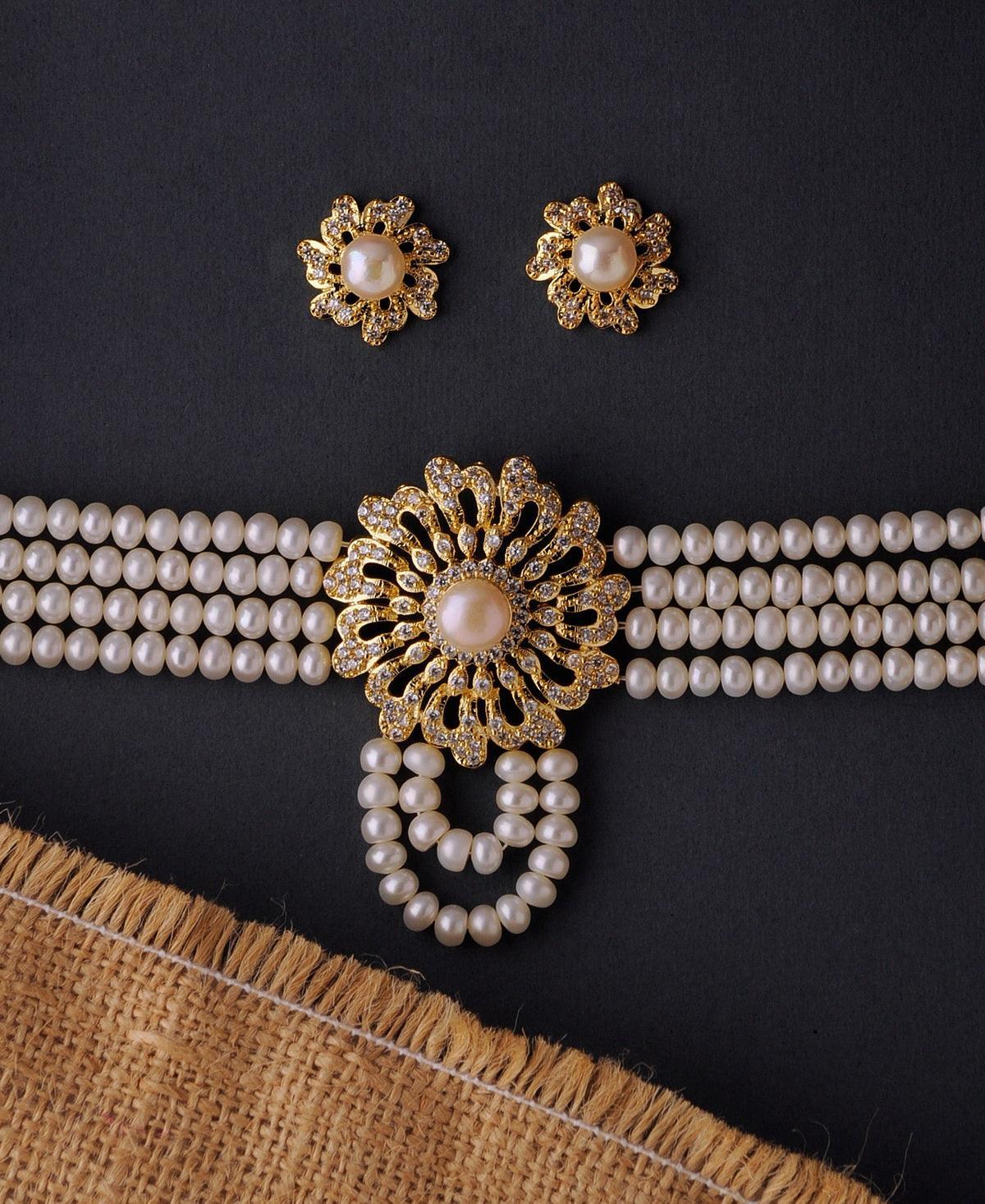 Floral Real Pearl Necklace Set - Chandrani Pearls