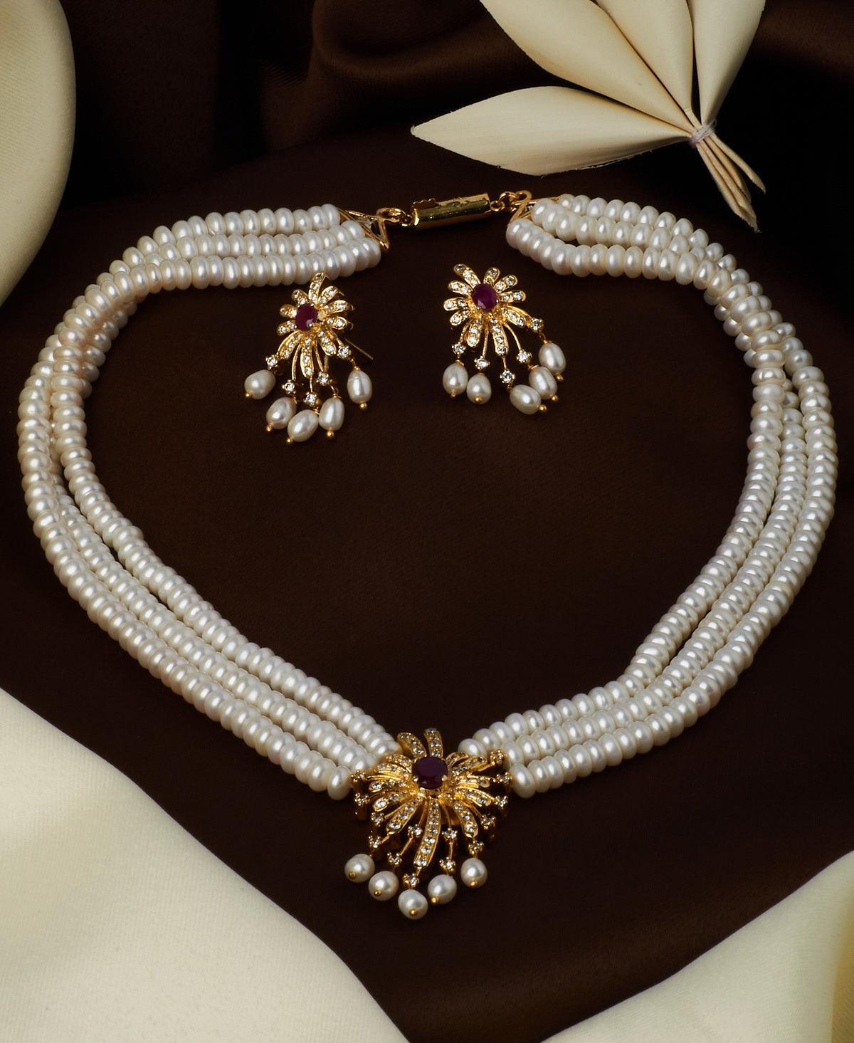 Floral Real Pearl Necklace Set - Chandrani Pearls