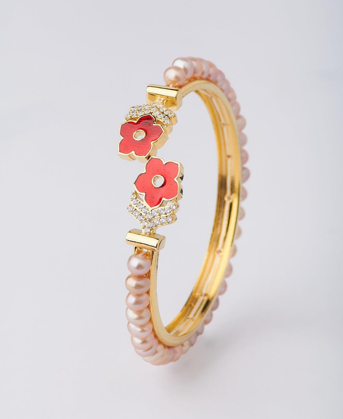 Floral Stone Studded Pearl Bangle - Chandrani Pearls
