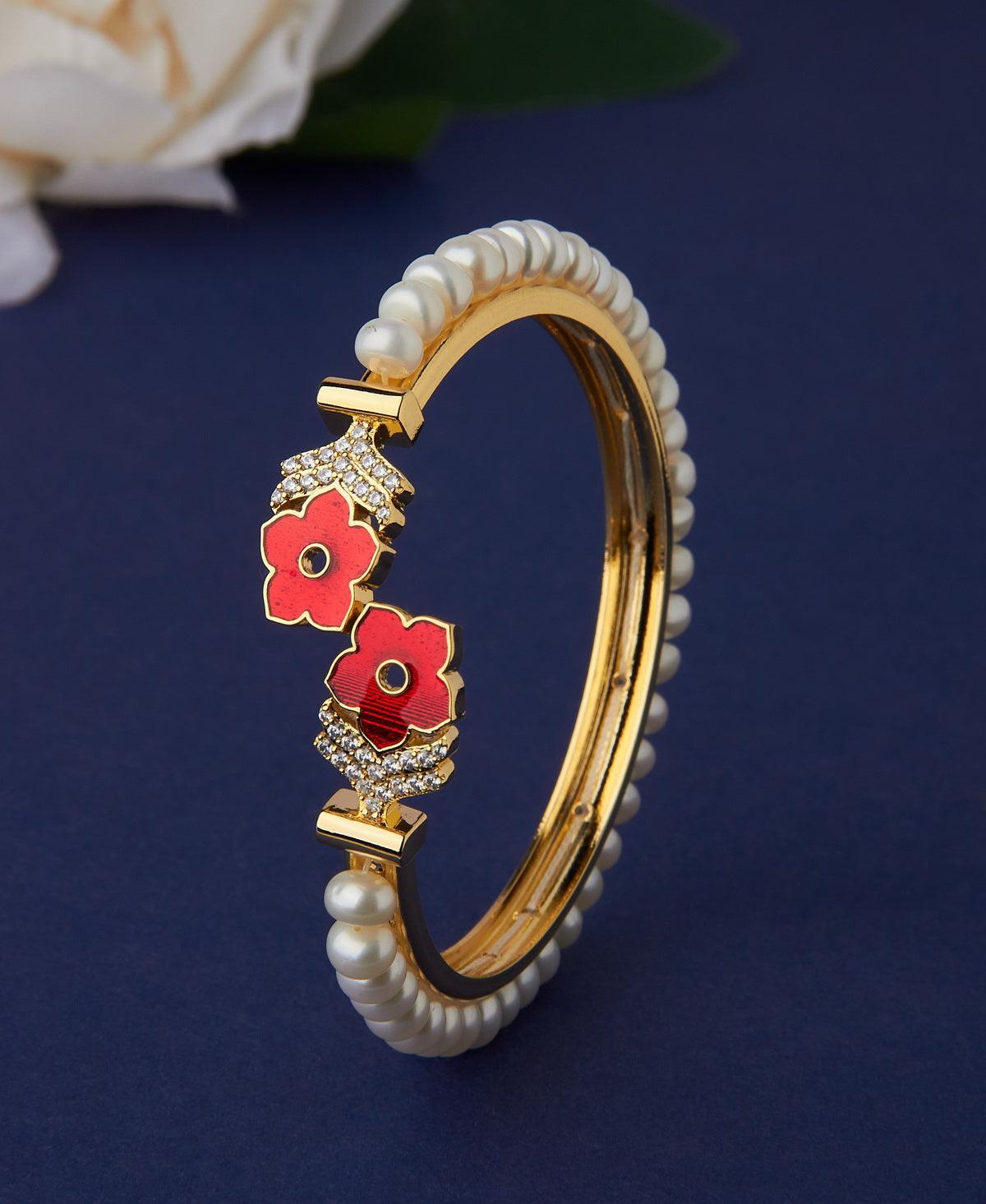 Floral Stone Studded Pearl Bangle - Chandrani Pearls