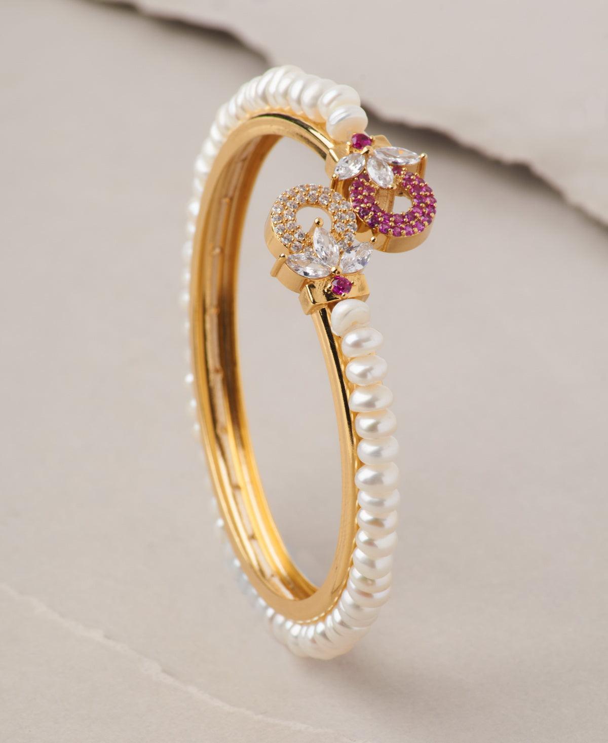 Floral Stone Studded Pearl Bangle - Chandrani Pearls