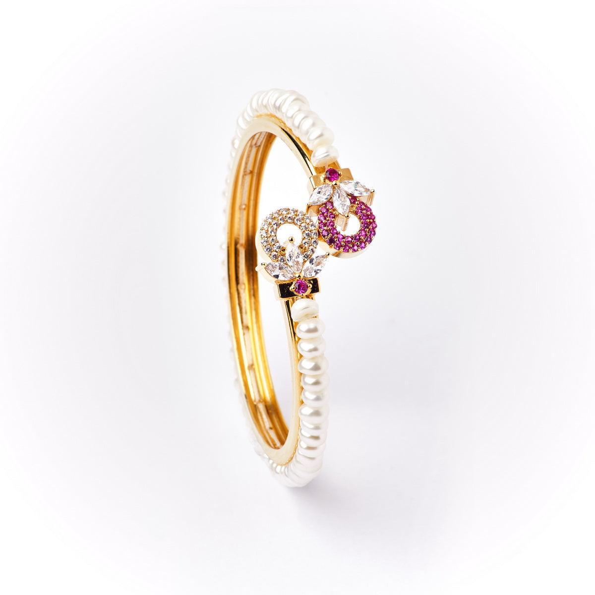 Floral Stone Studded Pearl Bangle - Chandrani Pearls