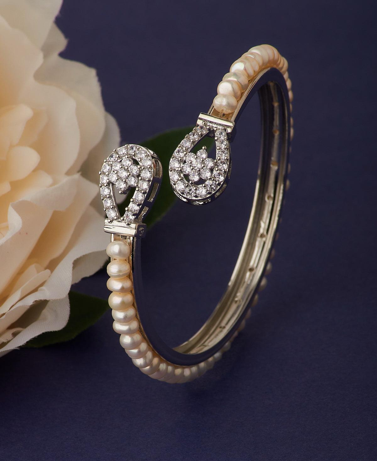 Floral Stone Studded Pearl Bangle - Chandrani Pearls