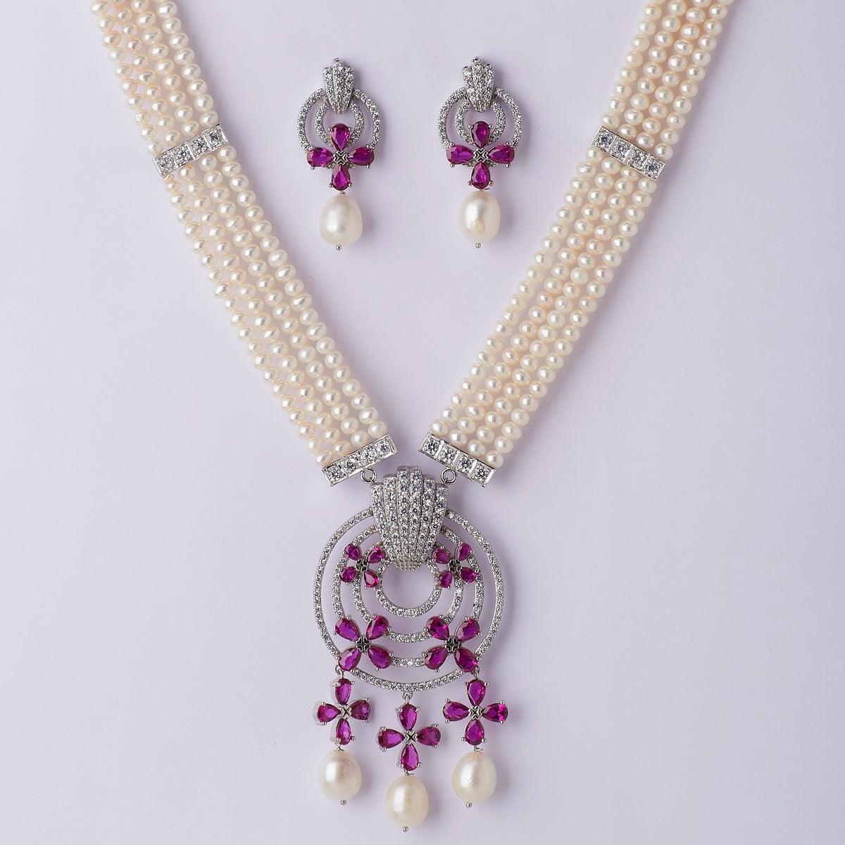 Floral Stone Studded White Pearl Necklace Set - Chandrani Pearls