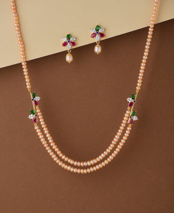 Florial Stone Studded Pearl Necklace Set - Chandrani Pearls