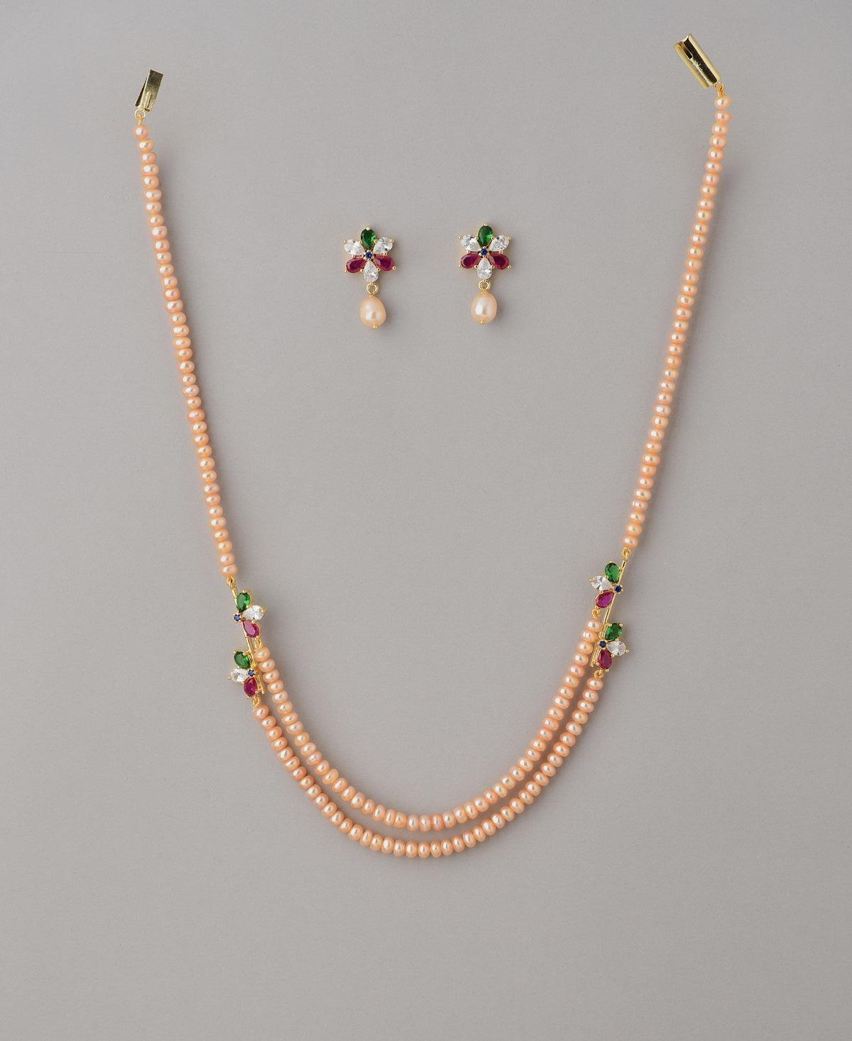 Florial Stone Studded Pearl Necklace Set - Chandrani Pearls