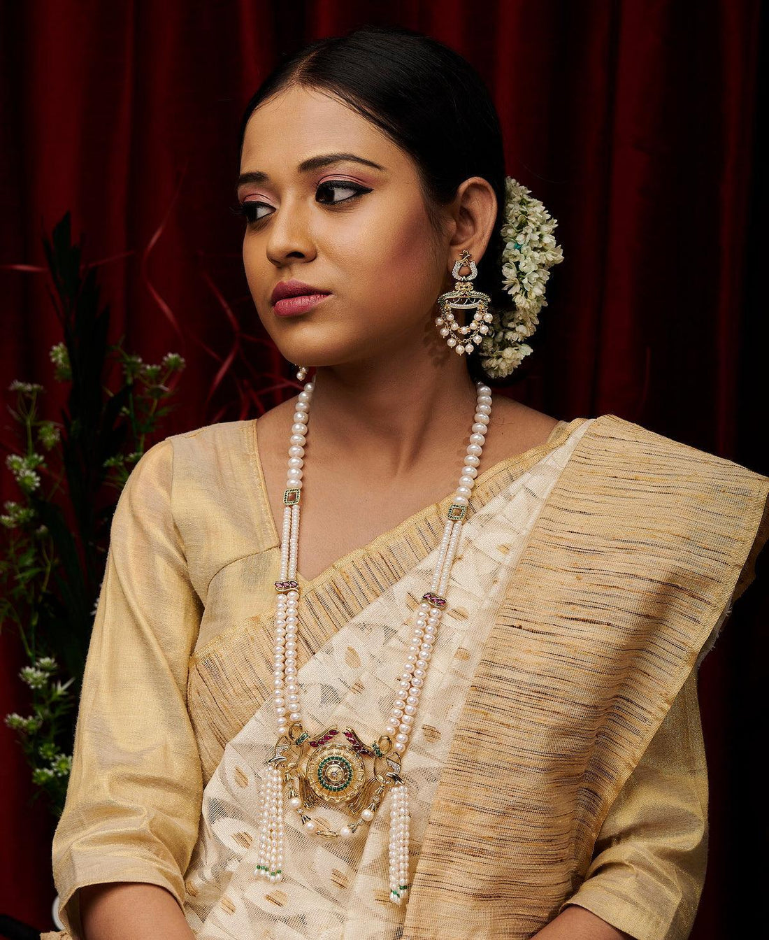 Florid Lariat AD Stone Pearl Neaklace Set - Chandrani Pearls