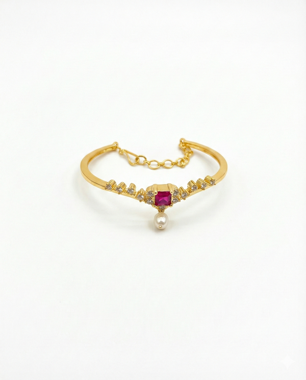 Gold-Plated Droplet Pearl Bangle with Square Ruby Accent