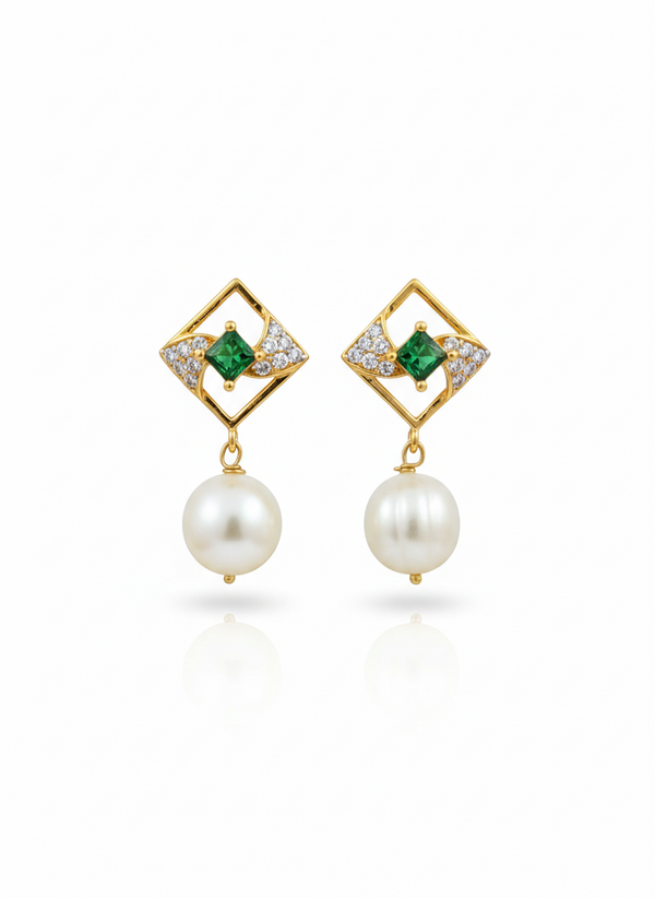 Artisan Square-Halo Pearl CZ Drop Earrings