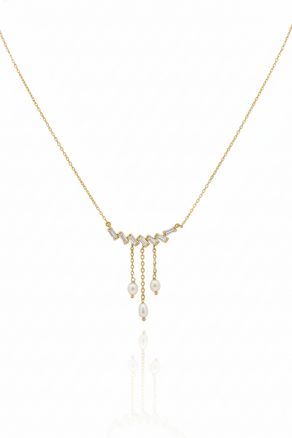 Gold-Plated Baguette-cut CZ Pearl Necklace