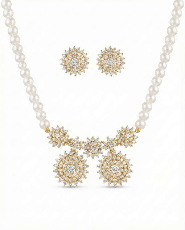 Sunburst Floral Pearl CZ Statement Set