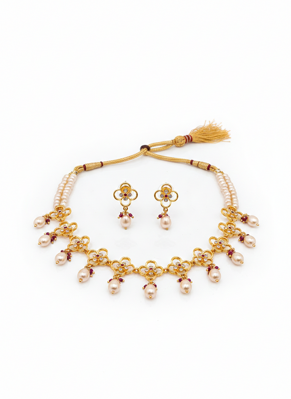 Floral Filigree Pearl & Ruby Necklace Set