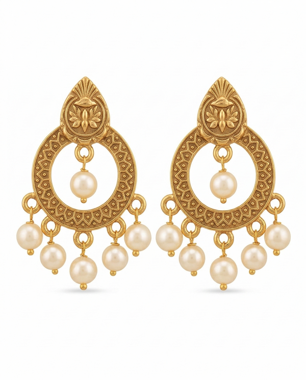 Temple-Style Antique Gold plated Chandelier Pearl Earrings
