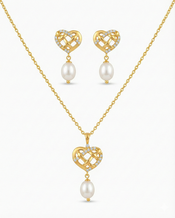 Elegant Heart Motif Pearl Drop Pendant with Earrings Set