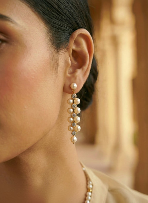 Gold-Tone Double-Row Pearl and CZ Necklace with Earrings Set