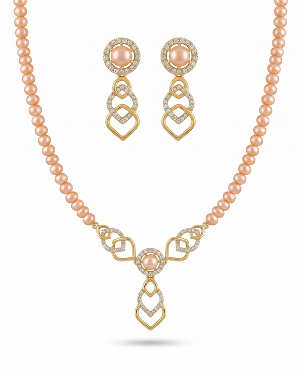 Rose Gold-Tone Pink Pearl Interlocking Necklace & Earring Set