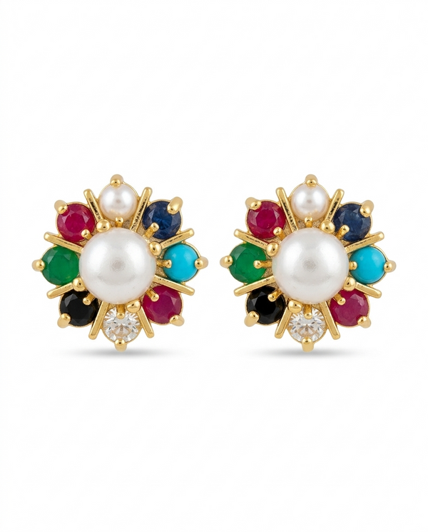 Navratna-Style Multi-Gemstone Starburst Pearl Studs