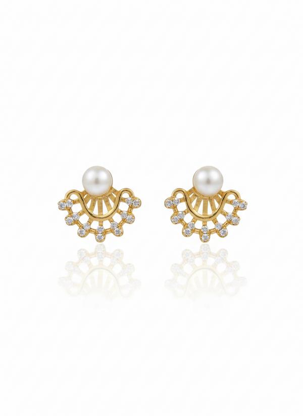 Golden Sunburst Pearl Stud Earrings
