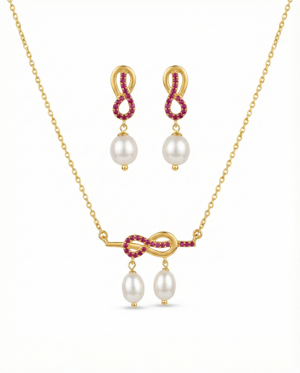 Infinity Knot Ruby Accent Double Pearl Drop Chain Pendant with Earrings Set