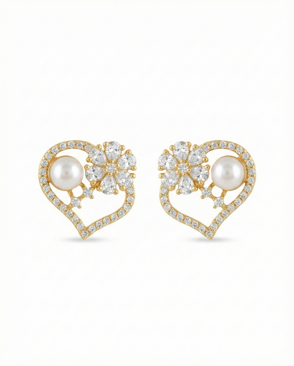 Romantic Heart & Blossom Pearl Stud Earrings