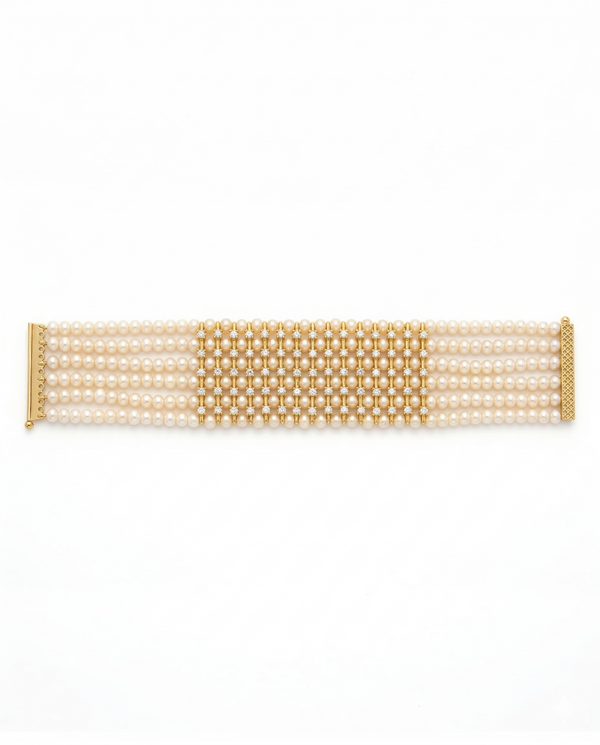 Elegant Multi Strand White Pearl & CZ Lattice Cuff Bracelet