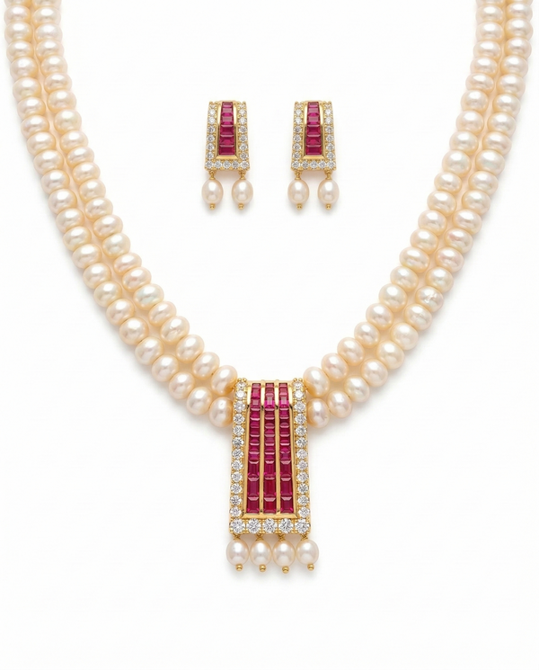 Imperial Art Deco Double-Strand Pearl & Ruby-Tone Jewellery Set