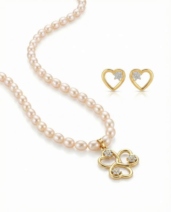 Triple Heart Clover Pearl Necklace Set
